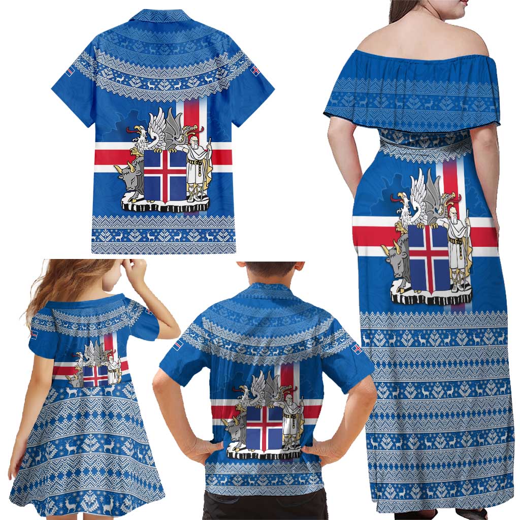 Iceland Flag Family Matching Off Shoulder Maxi Dress and Hawaiian Shirt with Icelandic Crest and Traditional Nordic Knit Pattern Design