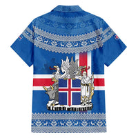 Iceland Flag Family Matching Off Shoulder Maxi Dress and Hawaiian Shirt with Icelandic Crest and Traditional Nordic Knit Pattern Design