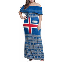 Iceland Flag Family Matching Off Shoulder Maxi Dress and Hawaiian Shirt with Icelandic Crest and Traditional Nordic Knit Pattern Design