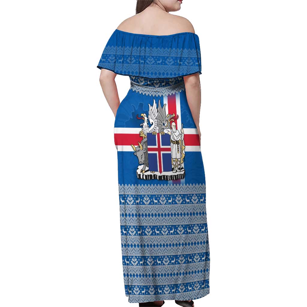 Iceland Flag Family Matching Off Shoulder Maxi Dress and Hawaiian Shirt with Icelandic Crest and Traditional Nordic Knit Pattern Design
