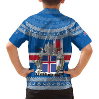 Iceland Flag Family Matching Off Shoulder Short Dress and Hawaiian Shirt with Icelandic Crest and Traditional Nordic Knit Pattern Design