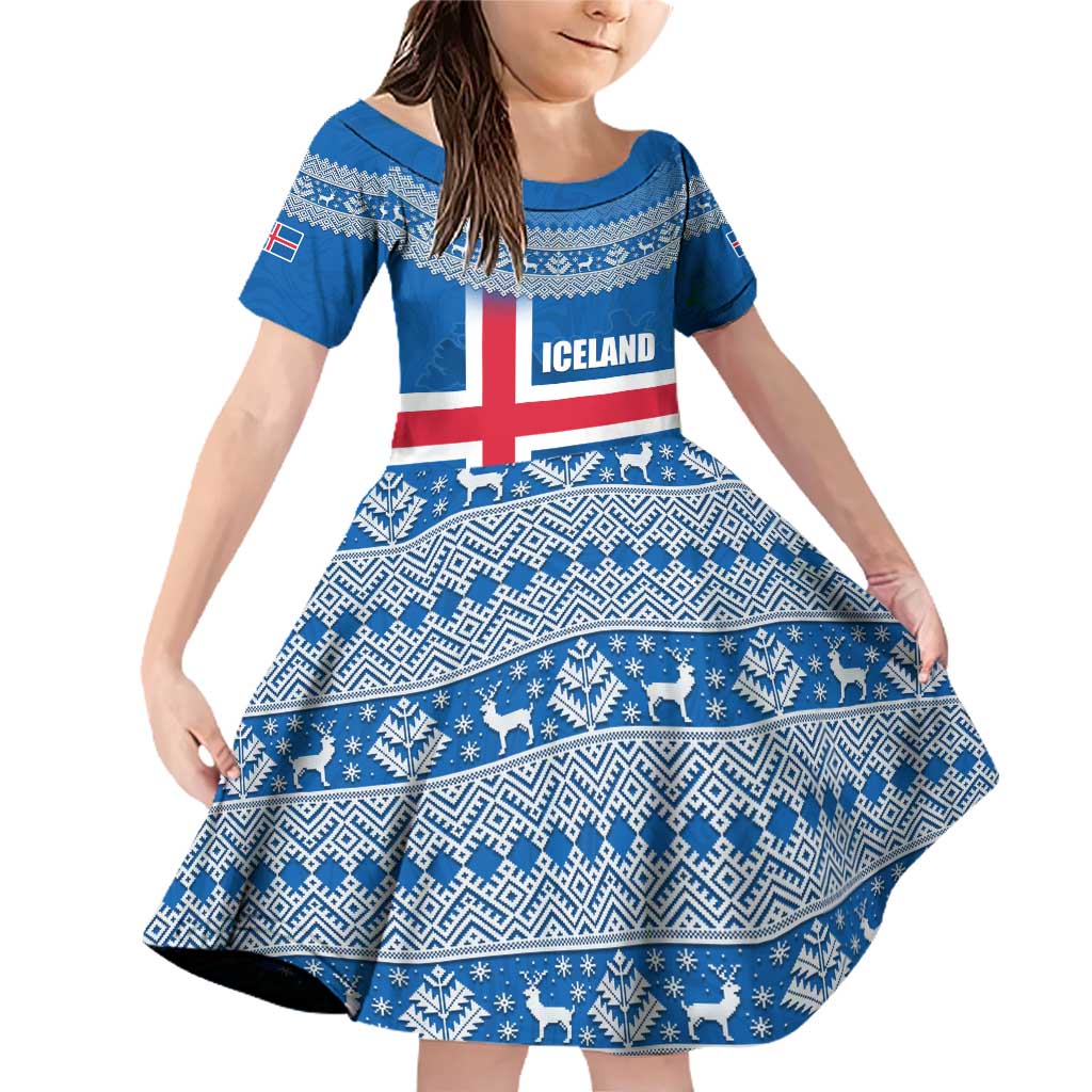 Iceland Flag Family Matching Off Shoulder Short Dress and Hawaiian Shirt with Icelandic Crest and Traditional Nordic Knit Pattern Design