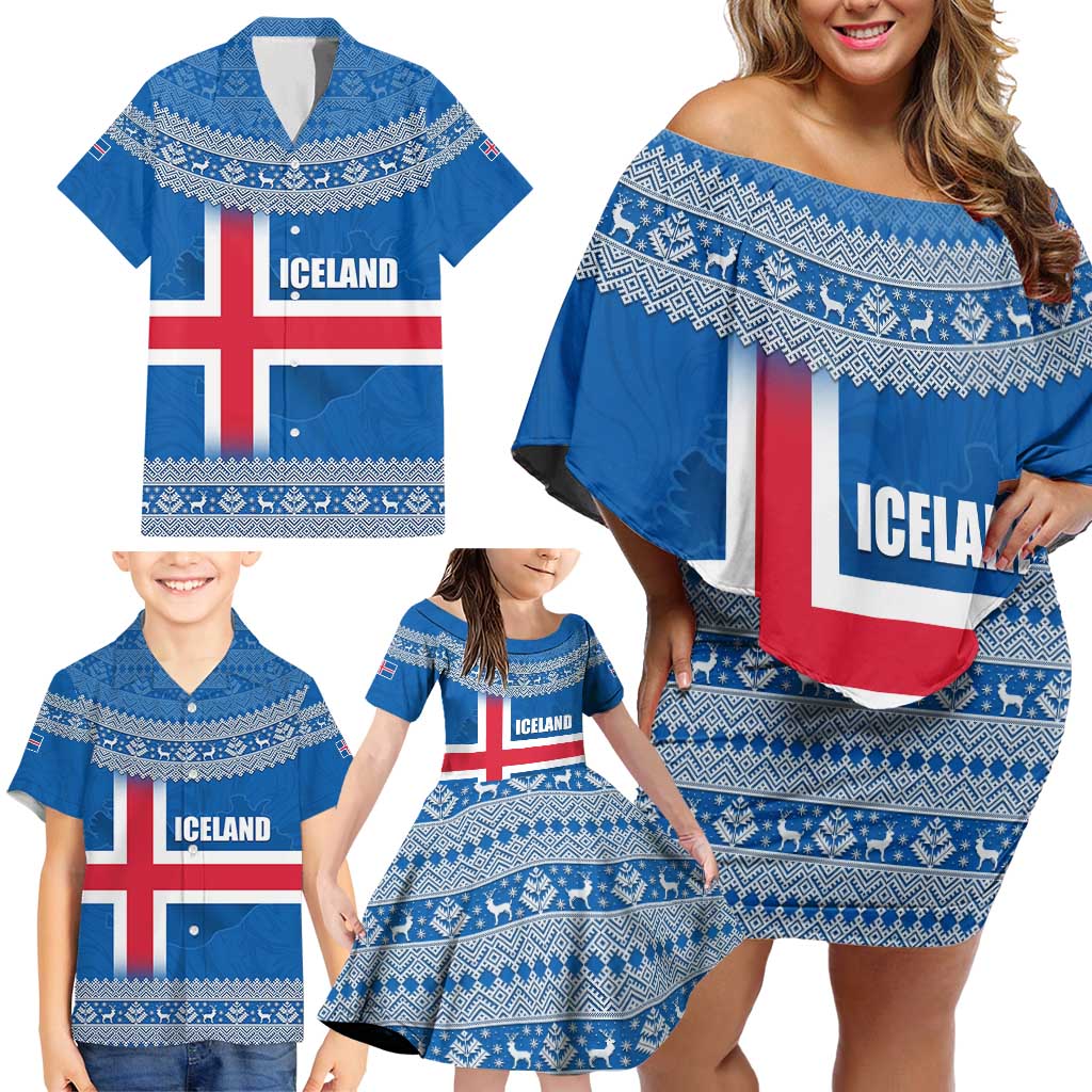 Iceland Flag Family Matching Off Shoulder Short Dress and Hawaiian Shirt with Icelandic Crest and Traditional Nordic Knit Pattern Design