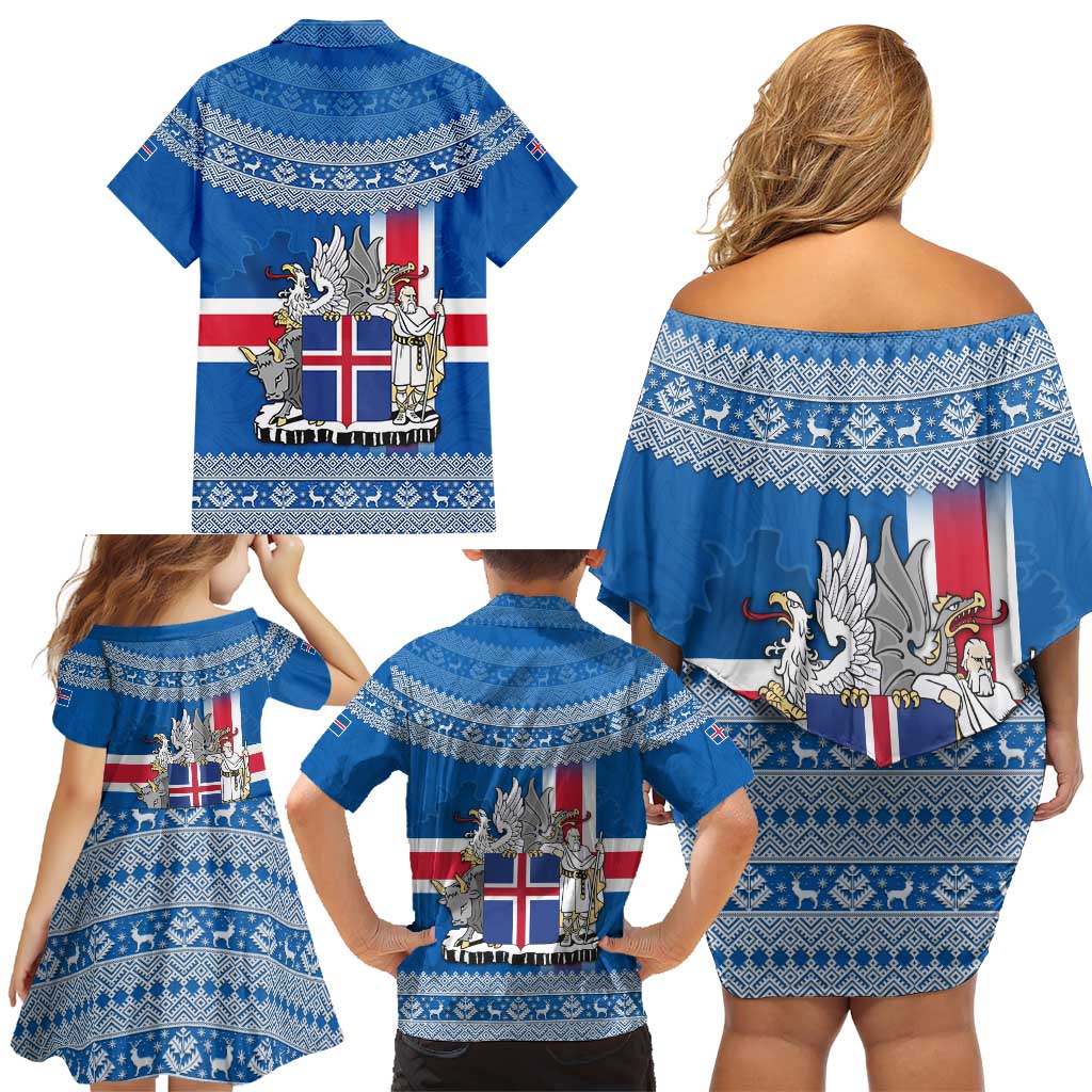 Iceland Flag Family Matching Off Shoulder Short Dress and Hawaiian Shirt with Icelandic Crest and Traditional Nordic Knit Pattern Design