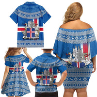 Iceland Flag Family Matching Off Shoulder Short Dress and Hawaiian Shirt with Icelandic Crest and Traditional Nordic Knit Pattern Design