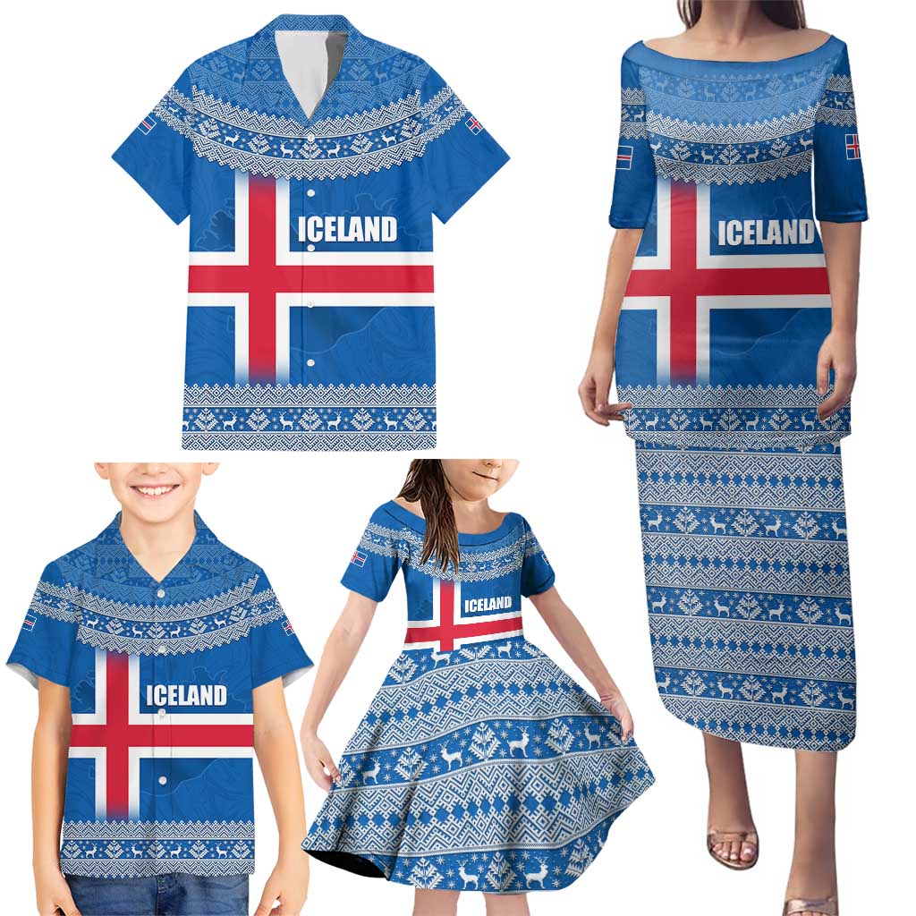 Iceland Flag Family Matching Puletasi and Hawaiian Shirt with Icelandic Crest and Traditional Nordic Knit Pattern Design