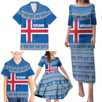 Iceland Flag Family Matching Puletasi and Hawaiian Shirt with Icelandic Crest and Traditional Nordic Knit Pattern Design