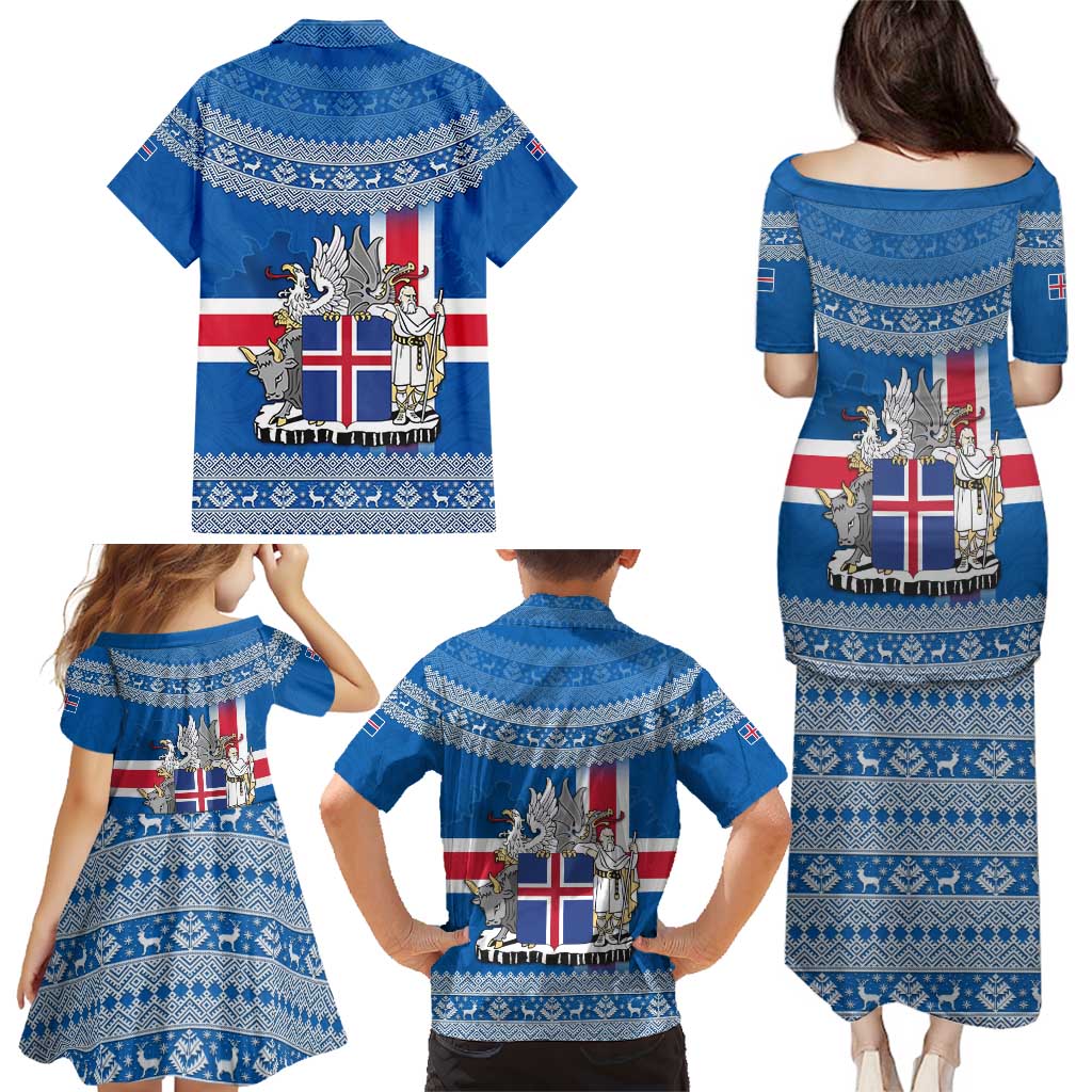 Iceland Flag Family Matching Puletasi and Hawaiian Shirt with Icelandic Crest and Traditional Nordic Knit Pattern Design