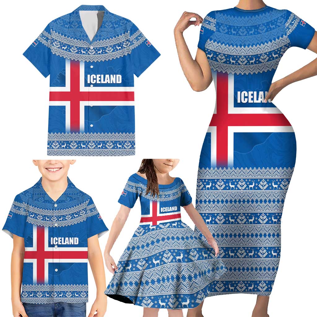Iceland Flag Family Matching Short Sleeve Bodycon Dress and Hawaiian Shirt with Icelandic Crest and Traditional Nordic Knit Pattern Design