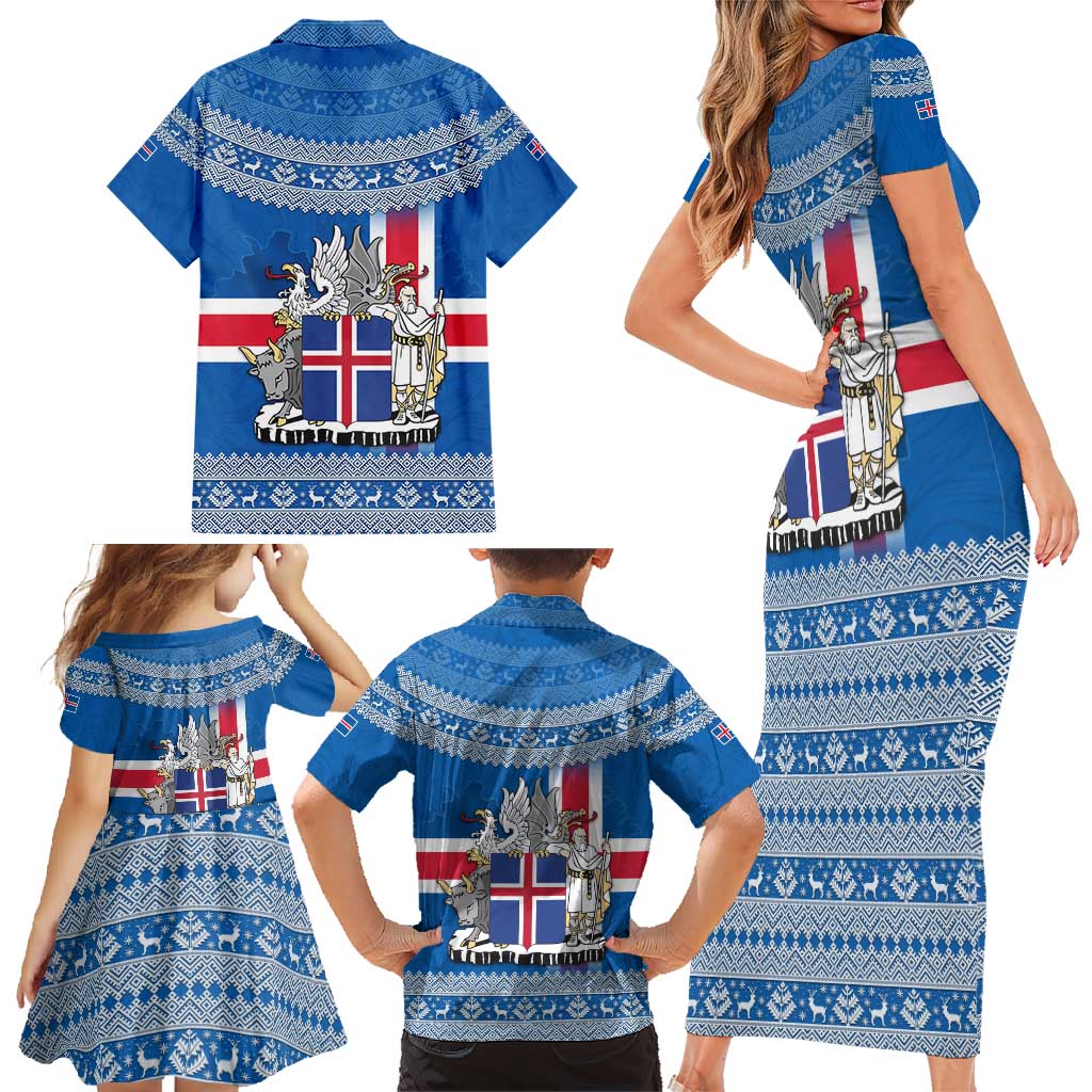 Iceland Flag Family Matching Short Sleeve Bodycon Dress and Hawaiian Shirt with Icelandic Crest and Traditional Nordic Knit Pattern Design