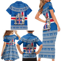 Iceland Flag Family Matching Short Sleeve Bodycon Dress and Hawaiian Shirt with Icelandic Crest and Traditional Nordic Knit Pattern Design