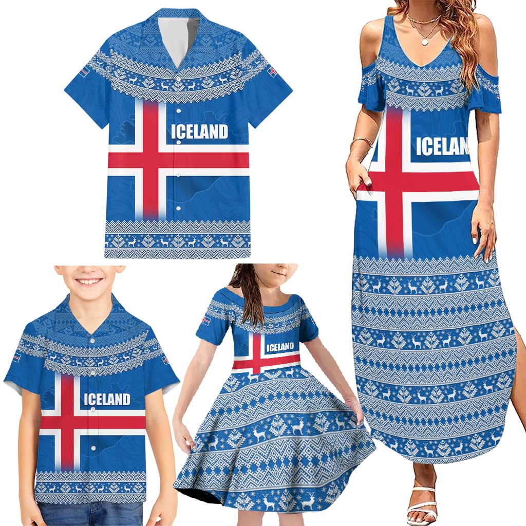 Iceland Flag Family Matching Summer Maxi Dress and Hawaiian Shirt with Icelandic Crest and Traditional Nordic Knit Pattern Design