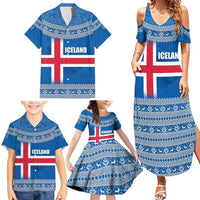 Iceland Flag Family Matching Summer Maxi Dress and Hawaiian Shirt with Icelandic Crest and Traditional Nordic Knit Pattern Design