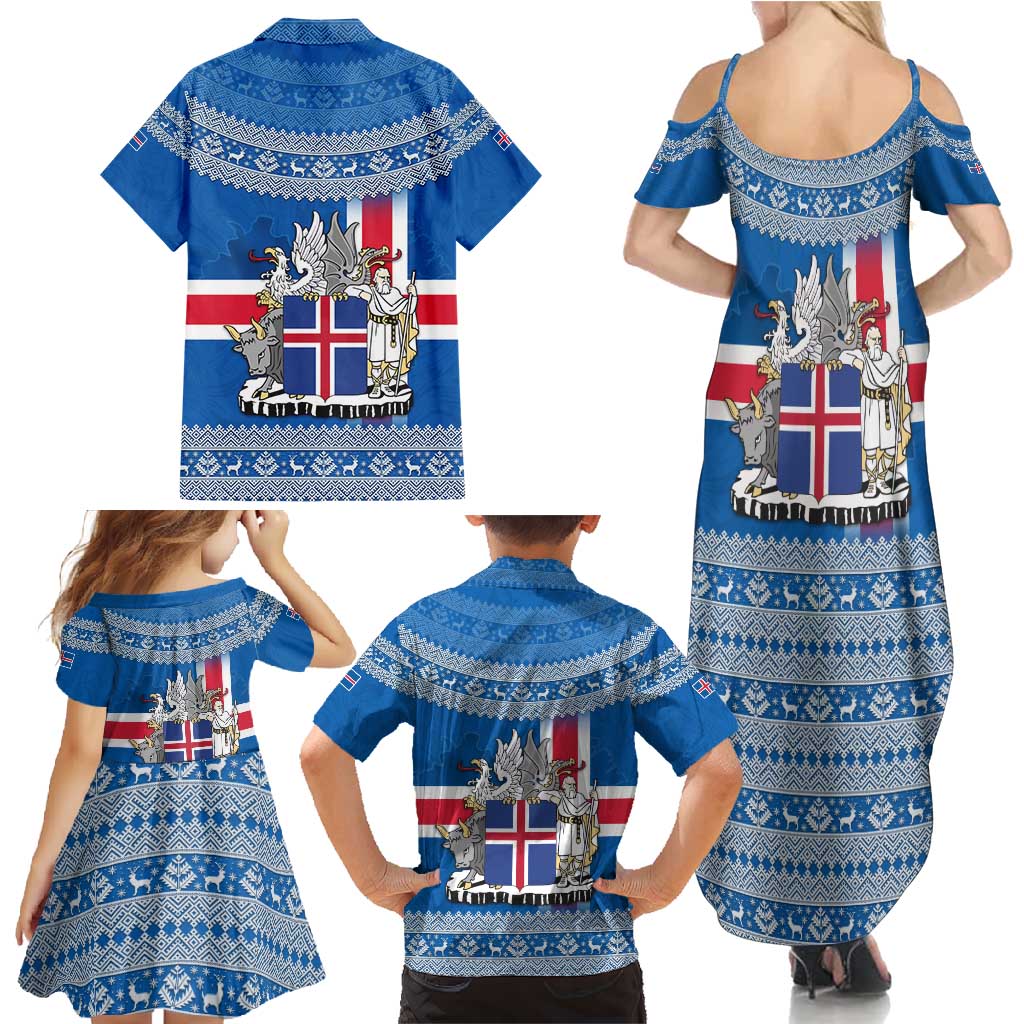 Iceland Flag Family Matching Summer Maxi Dress and Hawaiian Shirt with Icelandic Crest and Traditional Nordic Knit Pattern Design