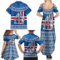 Iceland Flag Family Matching Summer Maxi Dress and Hawaiian Shirt with Icelandic Crest and Traditional Nordic Knit Pattern Design
