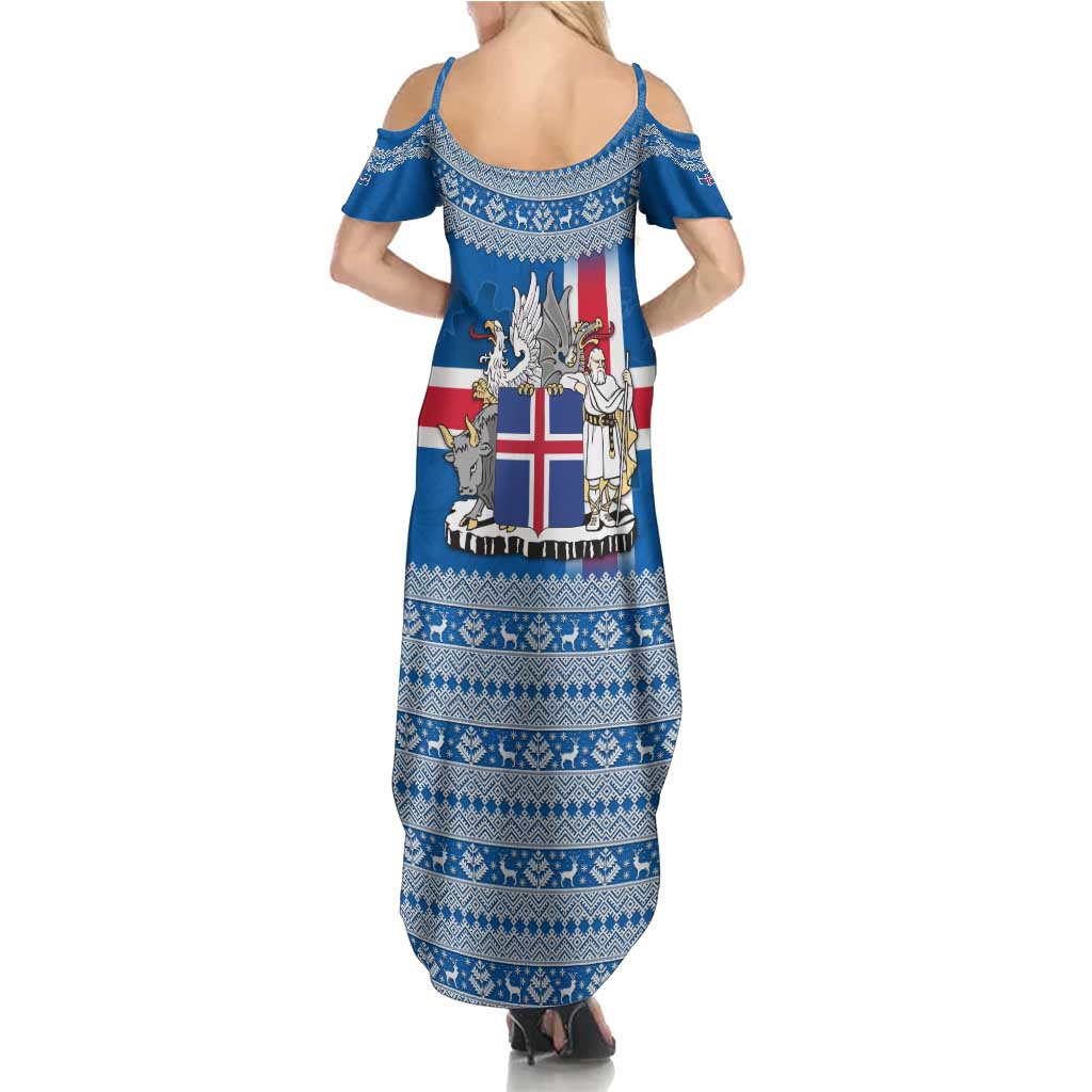 Iceland Flag Family Matching Summer Maxi Dress and Hawaiian Shirt with Icelandic Crest and Traditional Nordic Knit Pattern Design