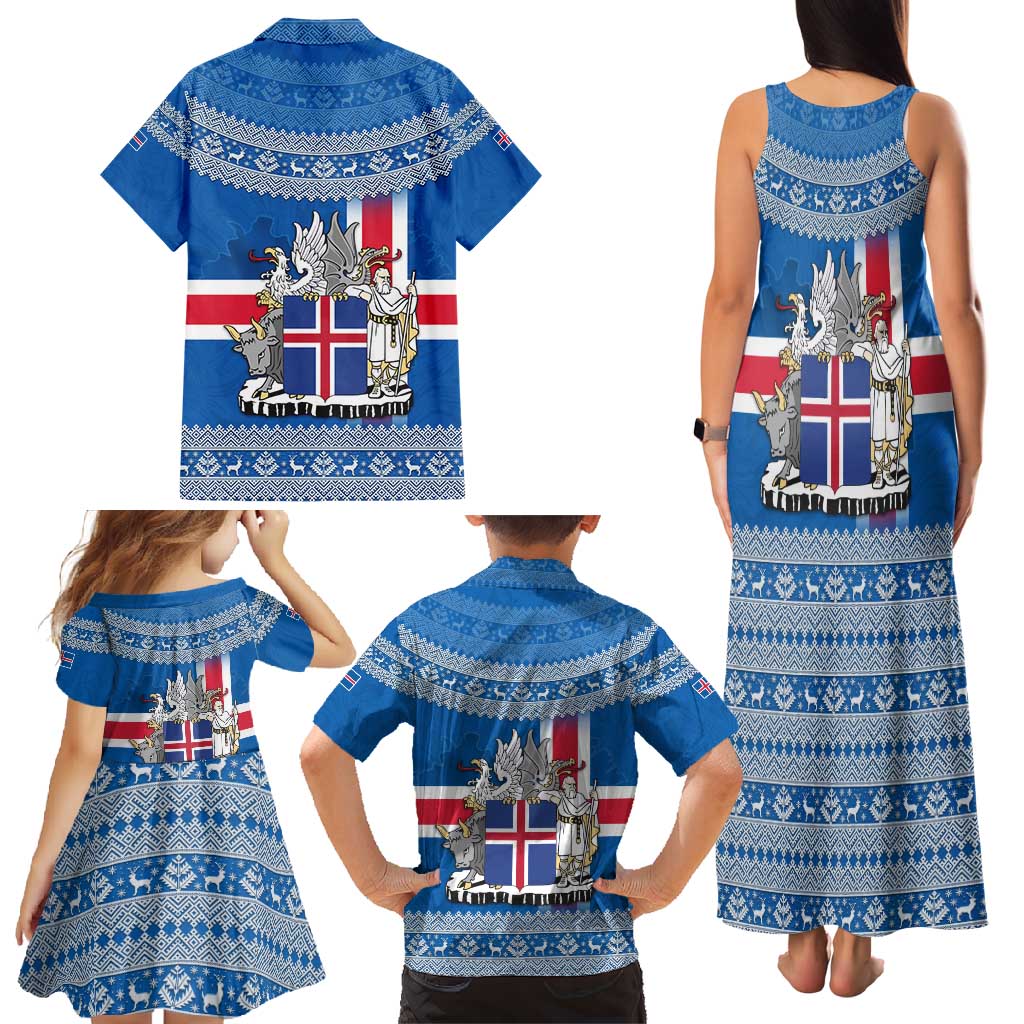 Iceland Flag Family Matching Tank Maxi Dress and Hawaiian Shirt with Icelandic Crest and Traditional Nordic Knit Pattern Design