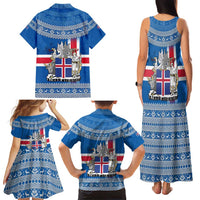 Iceland Flag Family Matching Tank Maxi Dress and Hawaiian Shirt with Icelandic Crest and Traditional Nordic Knit Pattern Design