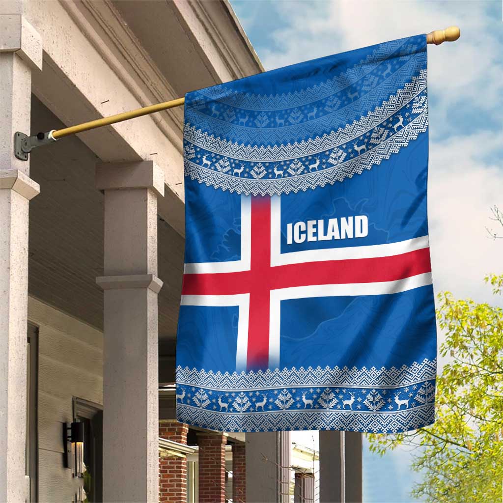 Iceland Flag Garden Flag with Icelandic Crest and Traditional Nordic Knit Pattern Design