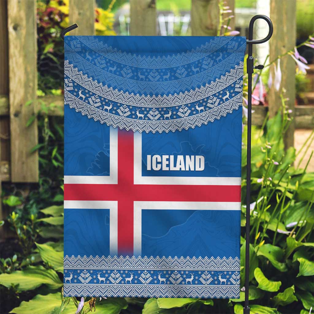Iceland Flag Garden Flag with Icelandic Crest and Traditional Nordic Knit Pattern Design
