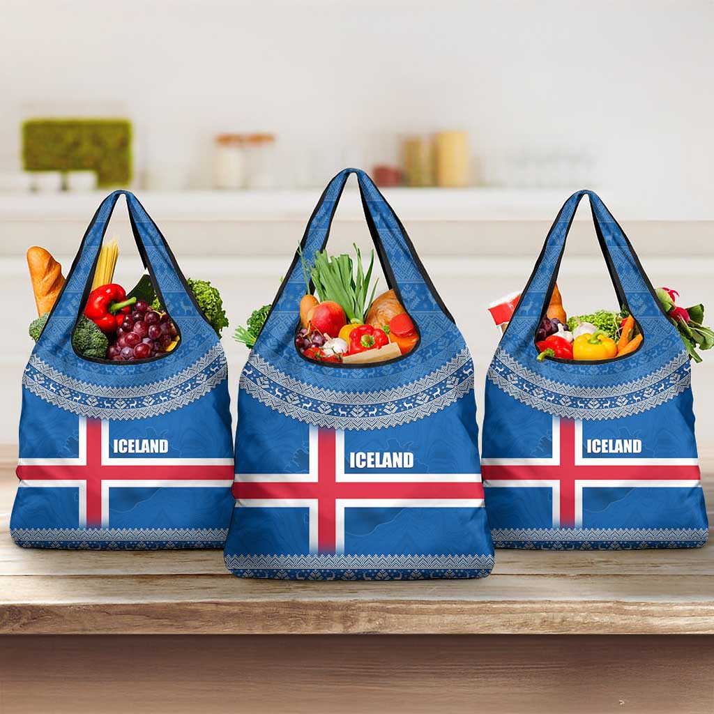 Iceland Flag Grocery Bag with Icelandic Crest and Traditional Nordic Knit Pattern Design