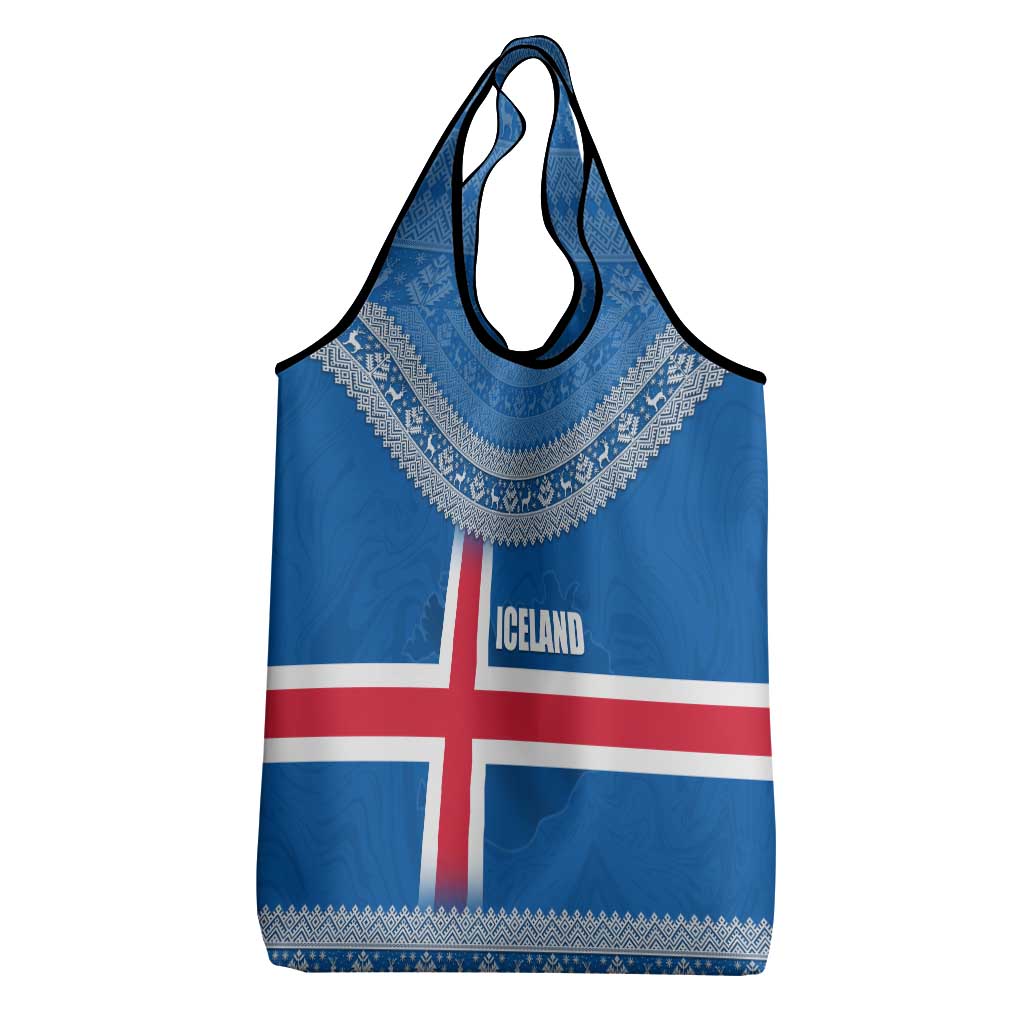 Iceland Flag Grocery Bag with Icelandic Crest and Traditional Nordic Knit Pattern Design
