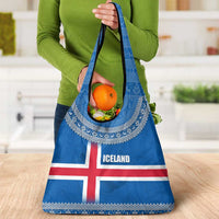 Iceland Flag Grocery Bag with Icelandic Crest and Traditional Nordic Knit Pattern Design