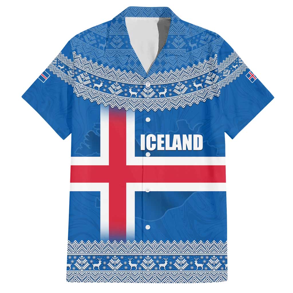 Iceland Flag Hawaiian Shirt with Icelandic Crest and Traditional Nordic Knit Pattern Design