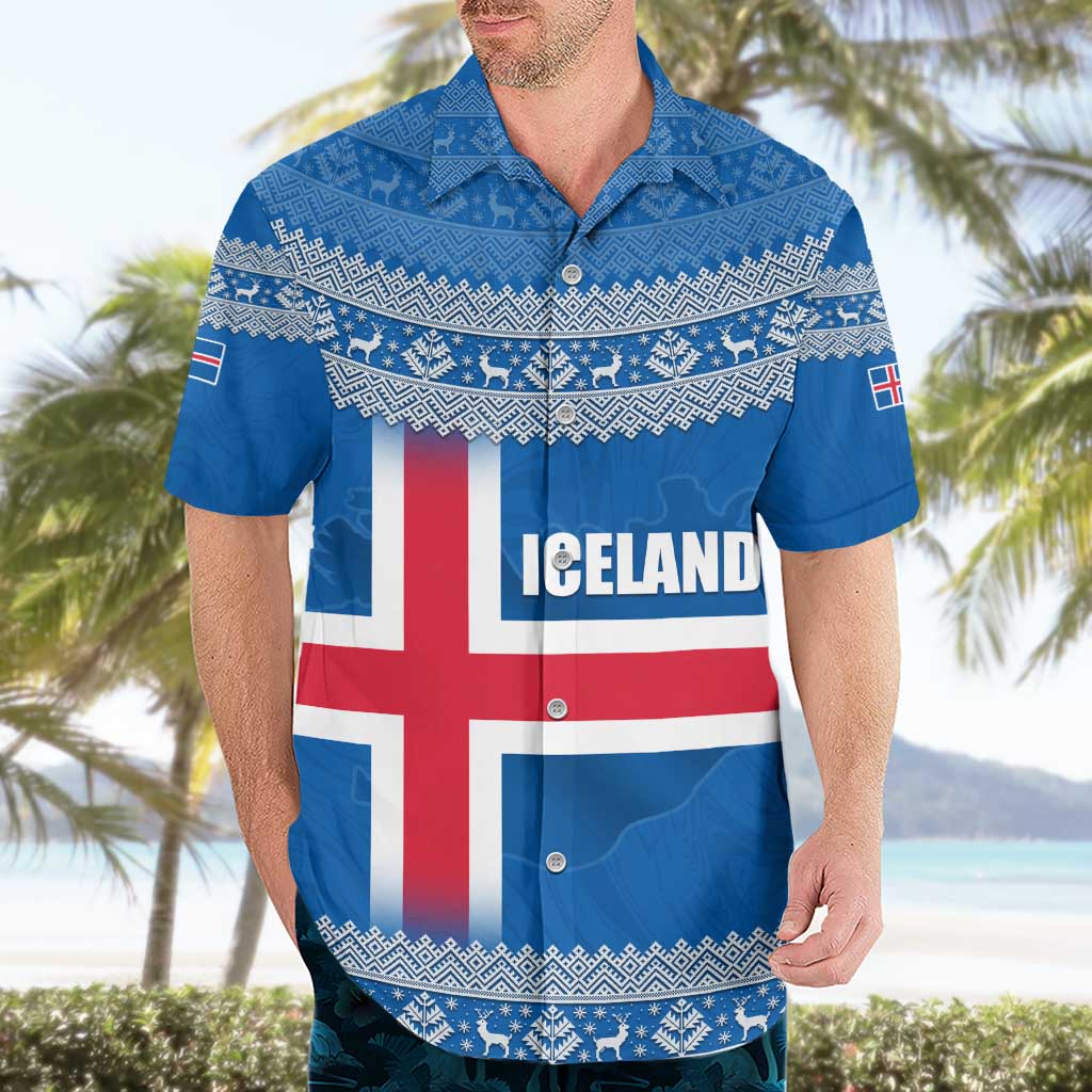 Iceland Flag Hawaiian Shirt with Icelandic Crest and Traditional Nordic Knit Pattern Design