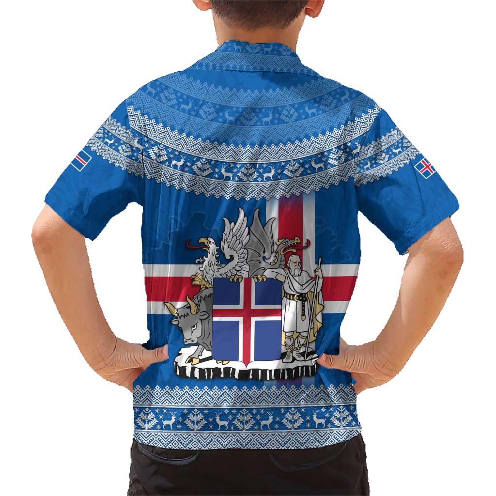 Iceland Flag Hawaiian Shirt with Icelandic Crest and Traditional Nordic Knit Pattern Design
