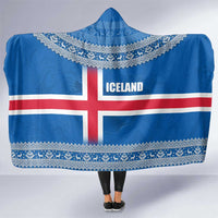 Iceland Flag Hooded Blanket with Icelandic Crest and Traditional Nordic Knit Pattern Design