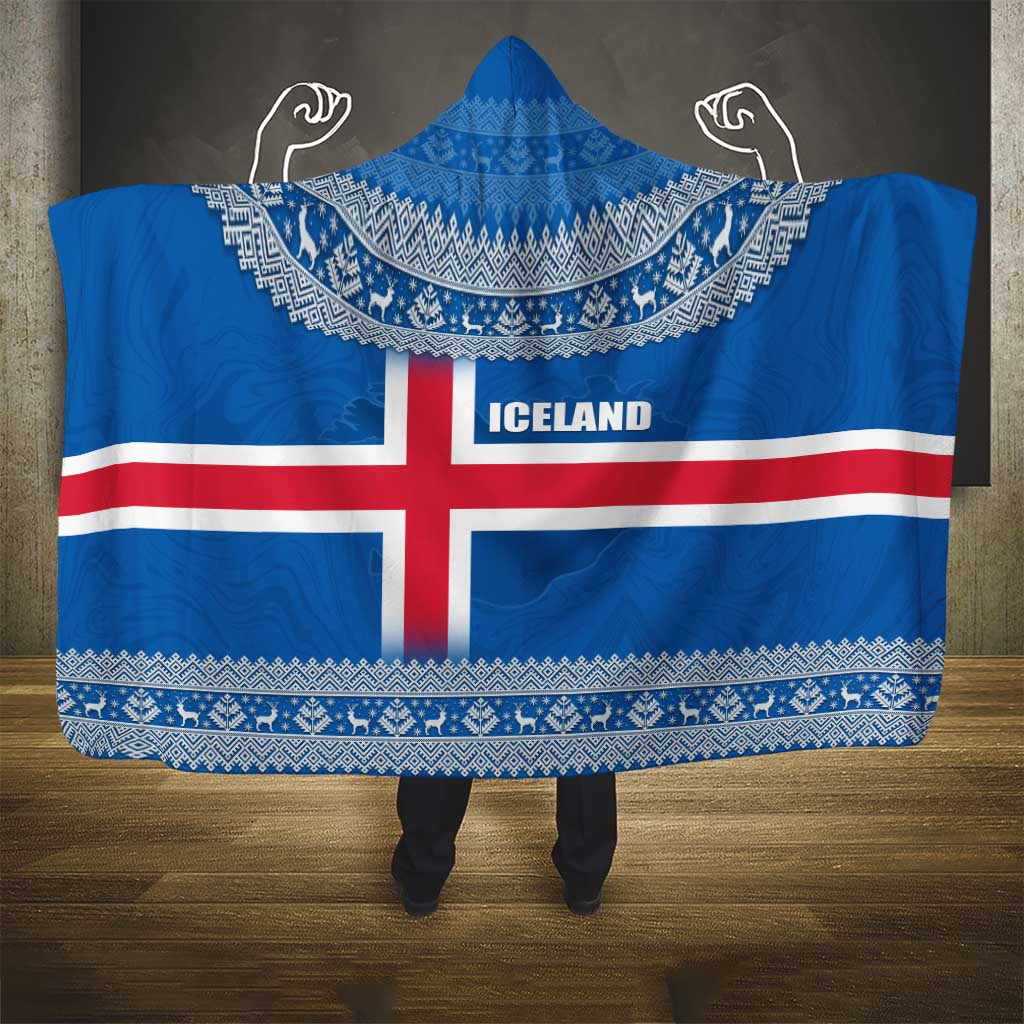 Iceland Flag Hooded Blanket with Icelandic Crest and Traditional Nordic Knit Pattern Design