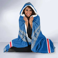 Iceland Flag Hooded Blanket with Icelandic Crest and Traditional Nordic Knit Pattern Design
