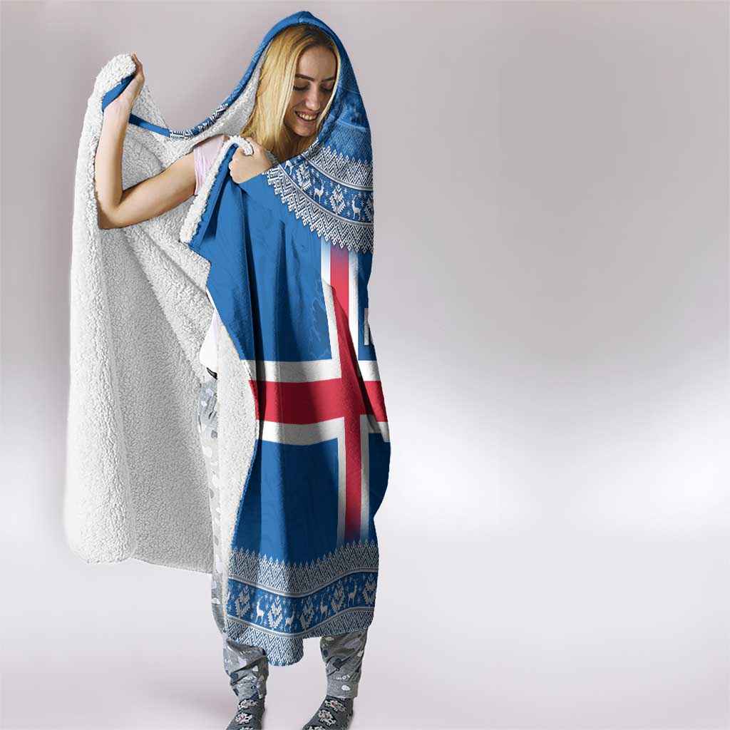Iceland Flag Hooded Blanket with Icelandic Crest and Traditional Nordic Knit Pattern Design
