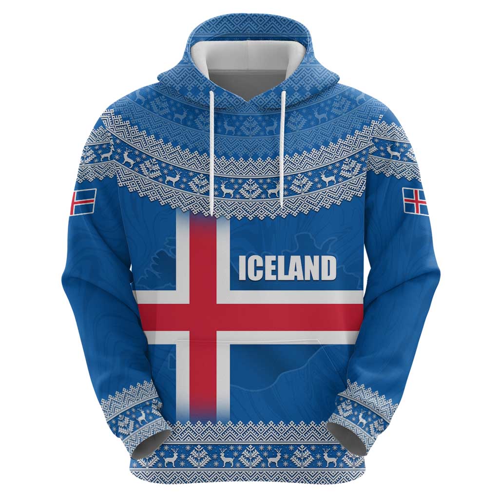 Iceland Flag Hoodie with Icelandic Crest and Traditional Nordic Knit Pattern Design