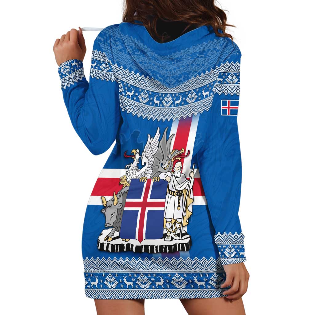 Iceland Flag Hoodie Dress with Icelandic Crest and Traditional Nordic Knit Pattern Design