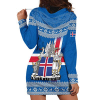 Iceland Flag Hoodie Dress with Icelandic Crest and Traditional Nordic Knit Pattern Design
