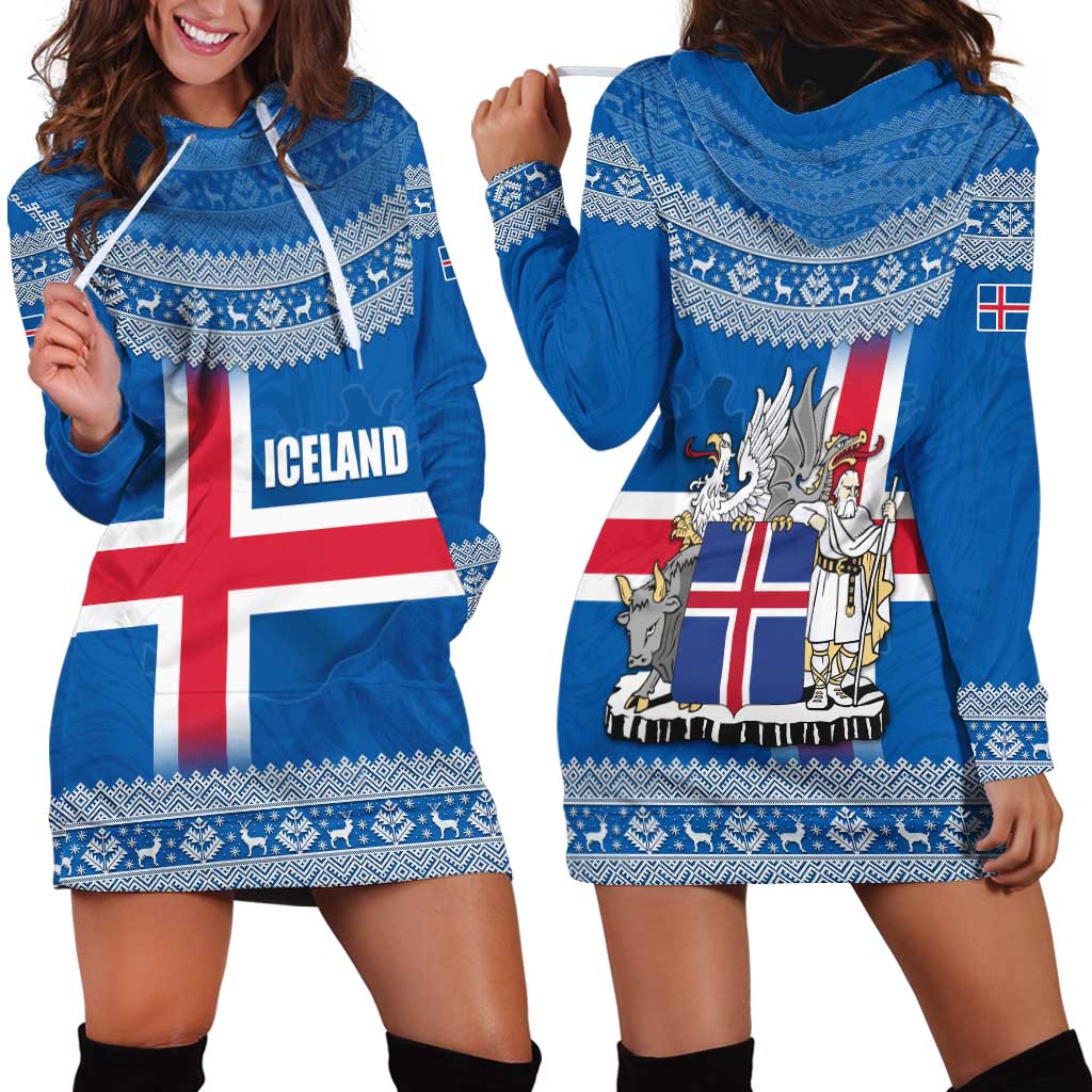 Iceland Flag Hoodie Dress with Icelandic Crest and Traditional Nordic Knit Pattern Design