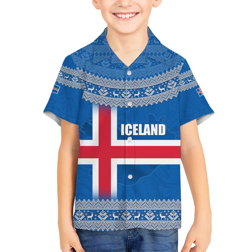 Iceland Flag Kid Hawaiian Shirt with Icelandic Crest and Traditional Nordic Knit Pattern Design