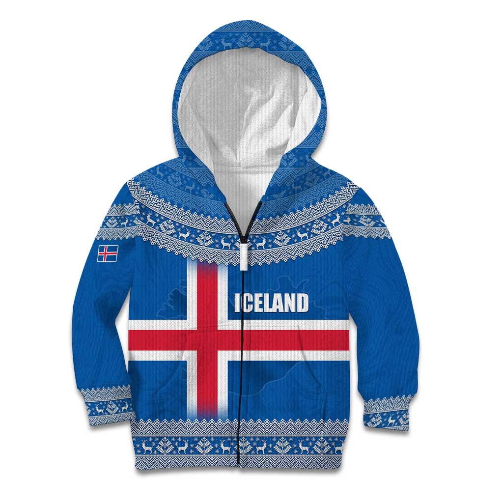 Iceland Flag Kid Hoodie with Icelandic Crest and Traditional Nordic Knit Pattern Design