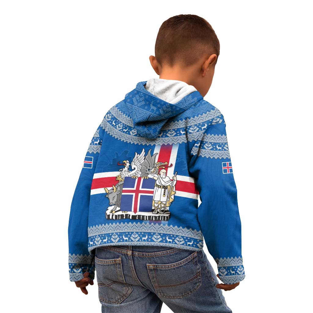 Iceland Flag Kid Hoodie with Icelandic Crest and Traditional Nordic Knit Pattern Design