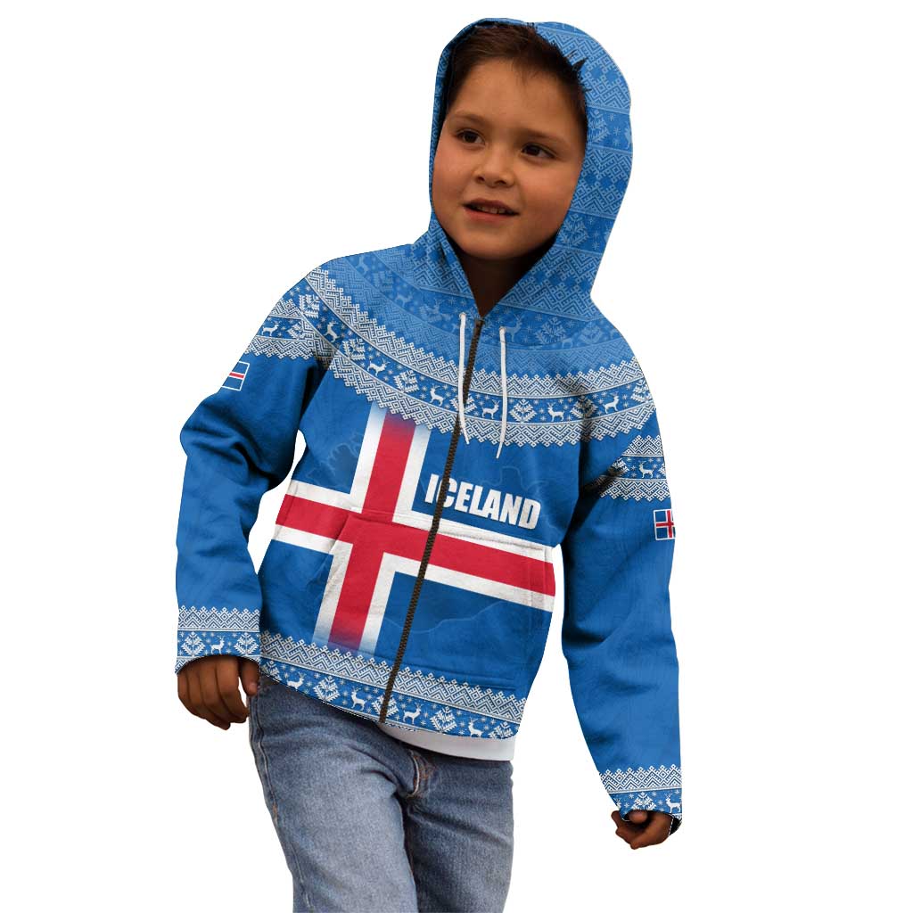 Iceland Flag Kid Hoodie with Icelandic Crest and Traditional Nordic Knit Pattern Design