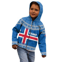 Iceland Flag Kid Hoodie with Icelandic Crest and Traditional Nordic Knit Pattern Design