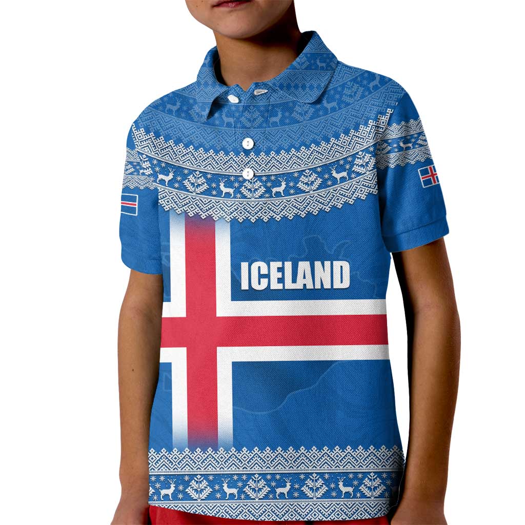 Iceland Flag Kid Polo Shirt with Icelandic Crest and Traditional Nordic Knit Pattern Design