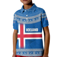 Iceland Flag Kid Polo Shirt with Icelandic Crest and Traditional Nordic Knit Pattern Design