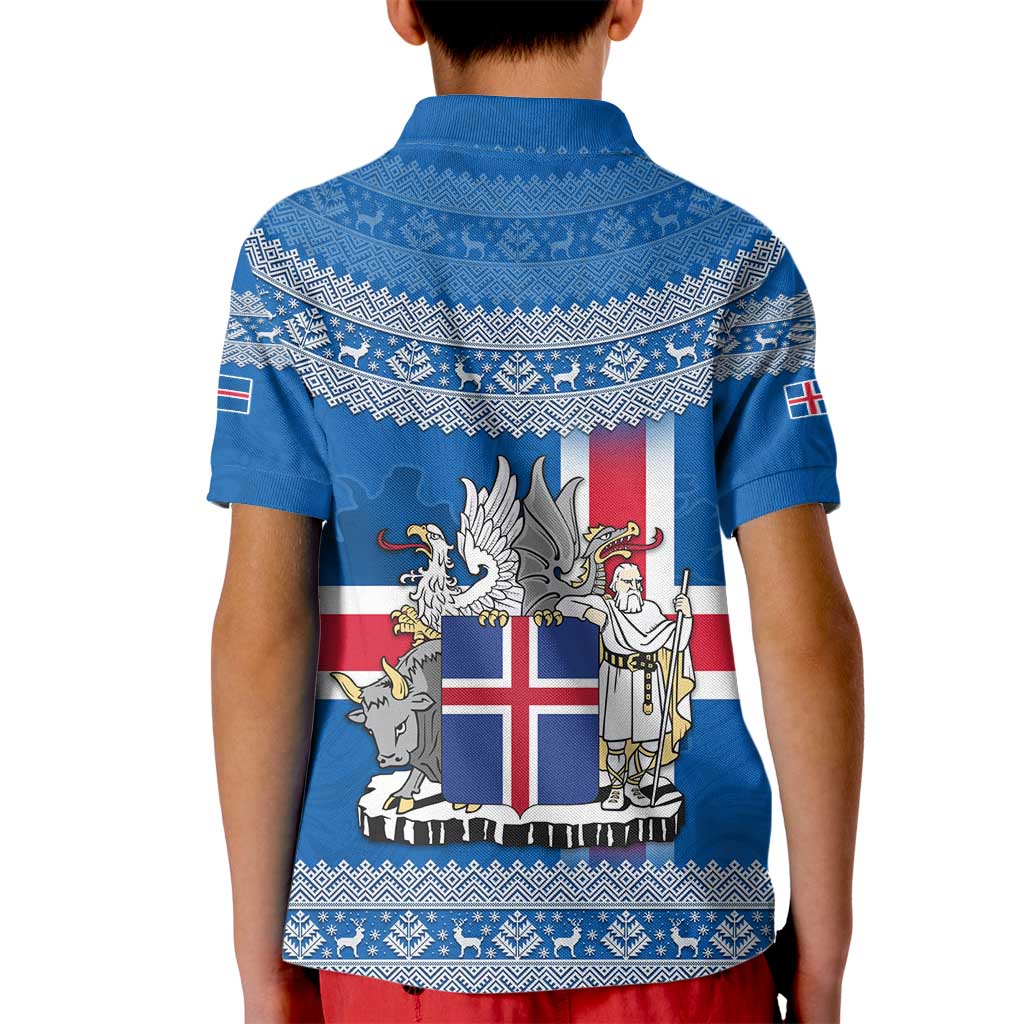 Iceland Flag Kid Polo Shirt with Icelandic Crest and Traditional Nordic Knit Pattern Design