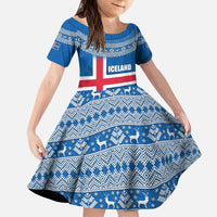 Iceland Flag Kid Short Sleeve Dress with Icelandic Crest and Traditional Nordic Knit Pattern Design