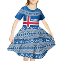 Iceland Flag Kid Short Sleeve Dress with Icelandic Crest and Traditional Nordic Knit Pattern Design