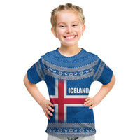 Iceland Flag Kid T Shirt with Icelandic Crest and Traditional Nordic Knit Pattern Design