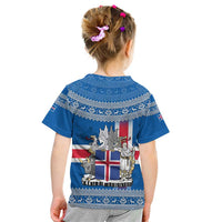 Iceland Flag Kid T Shirt with Icelandic Crest and Traditional Nordic Knit Pattern Design